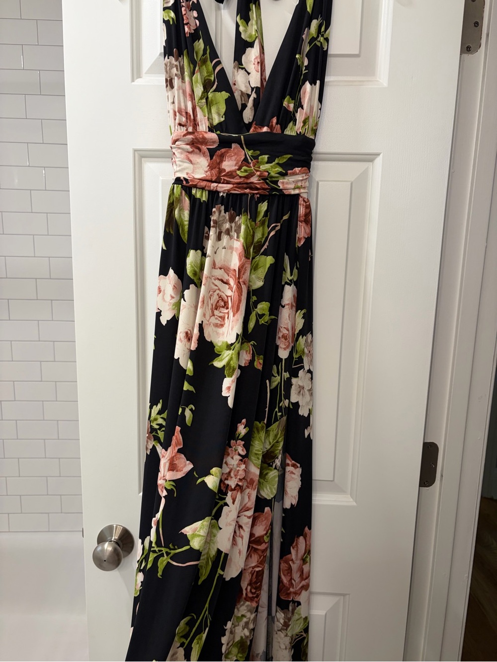 Black Maxi Dress with Pink Rose and Green Leaf Floral - NWT